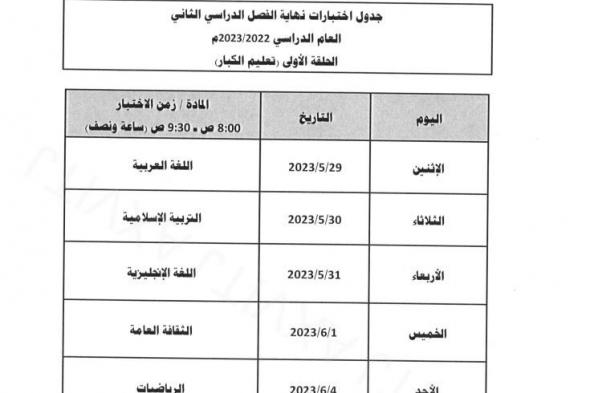 "التعليم" تعلن جداول اختبارات نهاية الفصل الدراسي الثاني